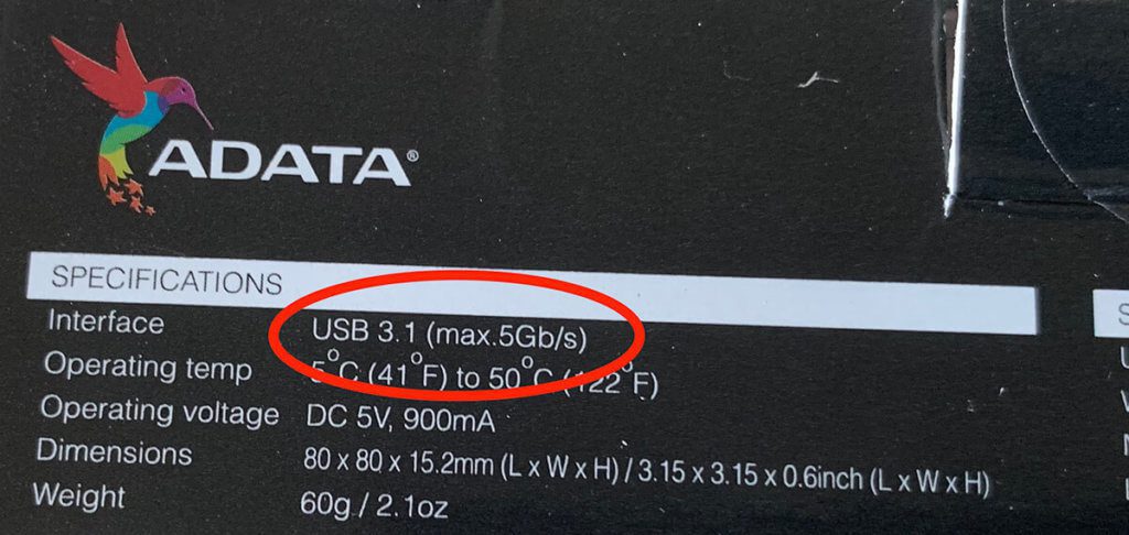 Laut Packungsaufdruck unterstützt die SSD von ADATA USB 3.1 mit 5 Gbit/s – bei 400 MB/s im Test erscheint mir das jedoch etwas tiefgestapelt.