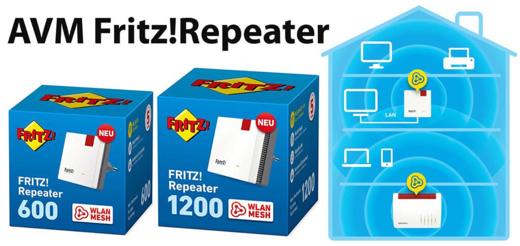 Der AVM Fritz!Repeater 600 und der AVM Fritz!Repeater 1200 sorgen für die Weiterleitung von WLAN-Signalen des Routers. Details in diesem Beitrag.