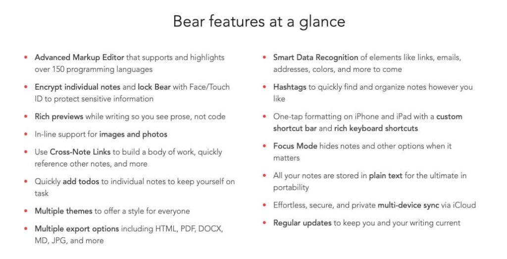 Die Features von Bear in der Übersicht.