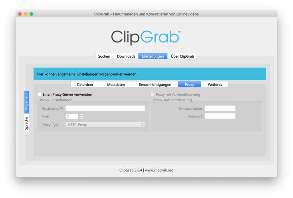 In den Einstellungen von ClipGrab könnt ihr unter macOS einige Voreinstellungen wie den Download-Ordner oder einen Proxy festlegen. Einen ClipGrab Test unter Windows oder Linux habe ich noch nicht parat.