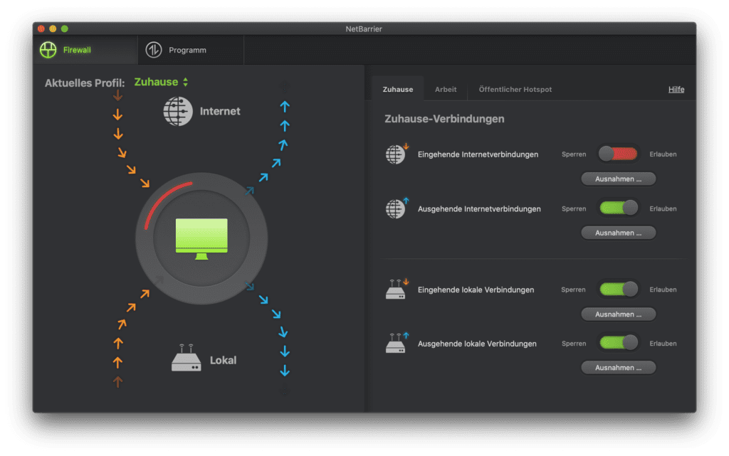 Das Interface von Intego NetBarrier hat zwar eine schöne Animation (die Pfeile bewegen sich), aber wenige Erklärungen. Beim neuen Test in 2022 musste ich ein bisschen herumprobieren, um alles richtig einzustellen (und Apps wie Dropbox bei aktiviertem Schutz die Server-Kommunikation zu erlauben).