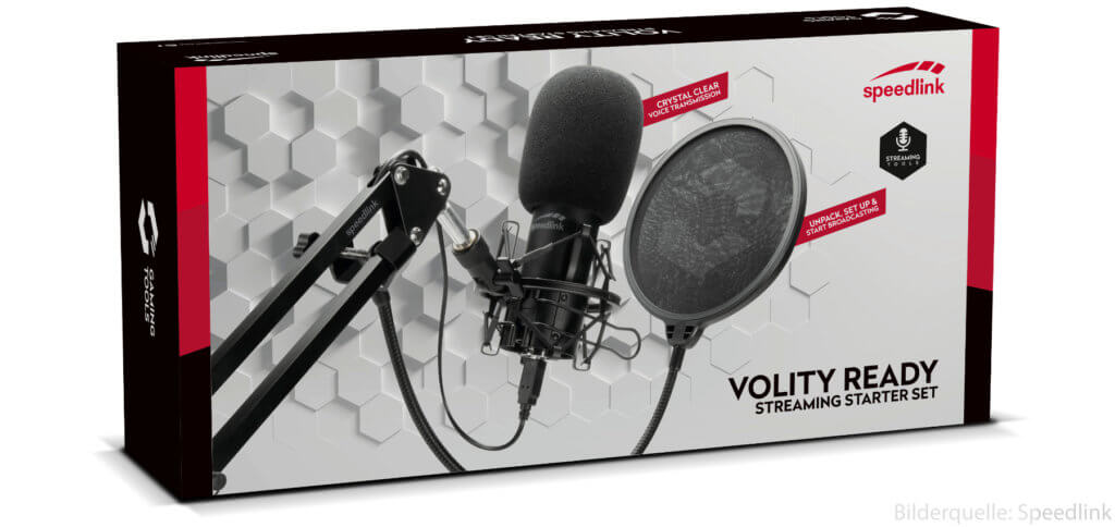 Das Speedlink VOLITY READY Streaming Starter Set enthält ein Mikrofon mit Stativ, Mikrofonarm, Kabeln und weiterem Zubehör. Ideal für Podcast, Stream, Let’s Play und mehr.