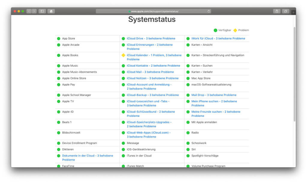 Der Systemstatus auf Apple.com verrät euch, welche Dienste gesponnen haben und welche gerade spinnen.