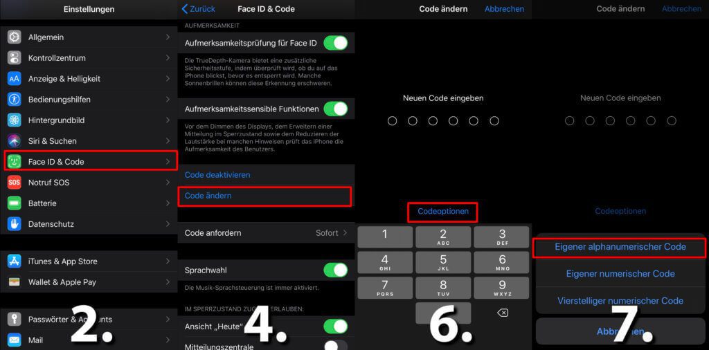 Hier die Schritte 2, 4, 6 und 7 der obigen Schritt-für-Schritt-Anleitung zum iPhone-Code ändern als Screenshots.