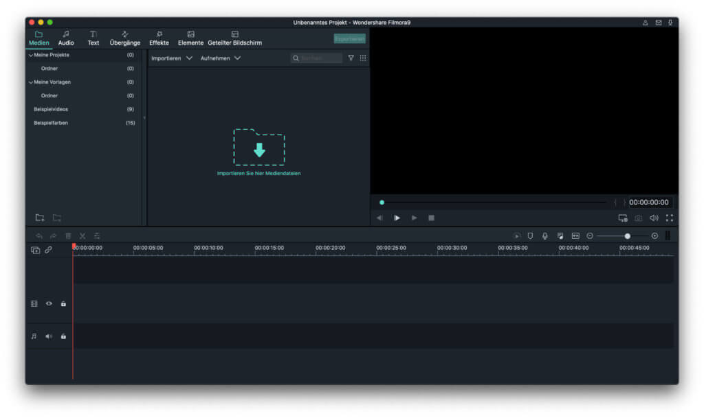 Wondershare Filmora 9 hat eine aufgeräumte Benutzeroberfläche. Darin stecken aber eine Menge Filter, Effekte, Titel, Abspann-Optionen und weitere Überraschungen!