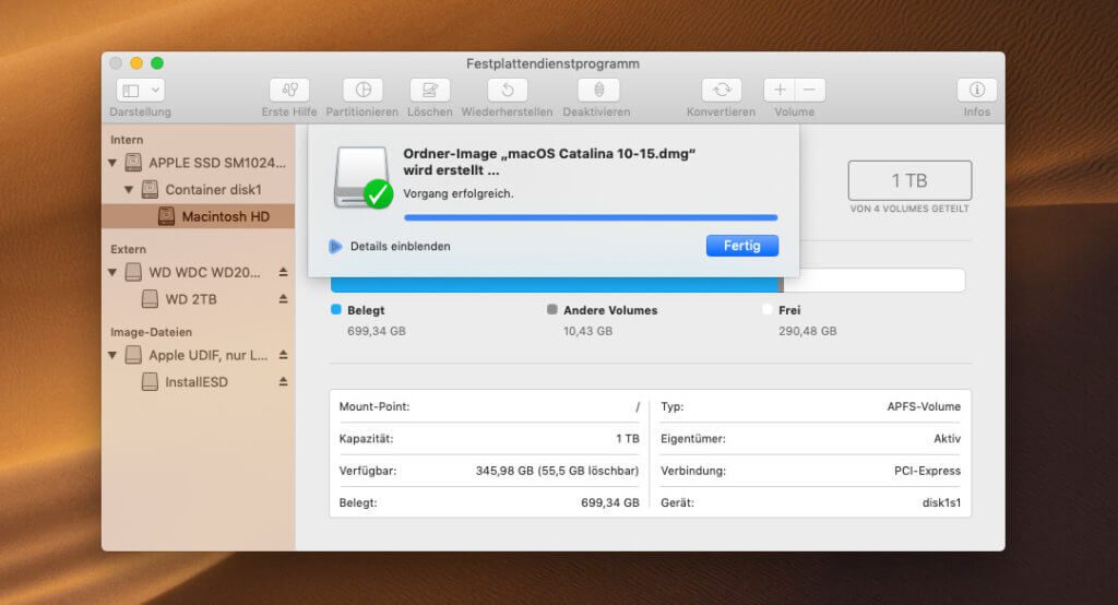 Fertig ist das DMG, mit dem man den macOS Catalina Installer gut archivieren und für andere Macs verwenden kann.