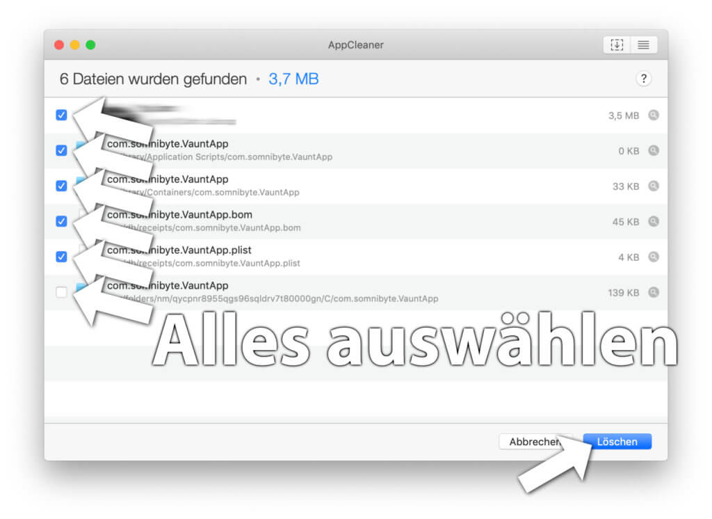 Der AppCleaner in Aktion – ein Screenshot mit einer beliebigen App als Beispiel. Wählt alle dem Programm zugeschriebenen Komponenten aus und klickt auf "Löschen".