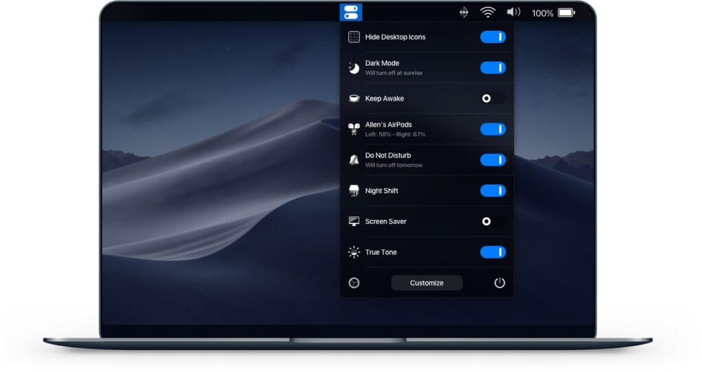 One Switch bringt macOS-Einstellungen als virtuelle Schalter in die Menüleiste. Bildquelle: fireball.studio