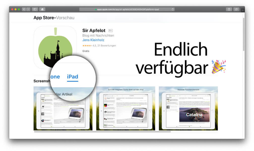 Endlich könnt ihr euch die Sir Apfelot App fürs iPad herunterladen – gratis und auf das größere Display hin angepasst.