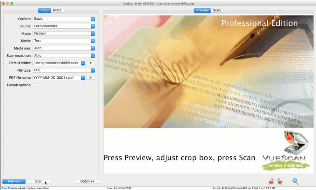 VueScan ermöglicht die Einstellung von Dateienamen-Vorgaben, Ausgabe-Formate wie PDF und nimmt durch die automatischen Vorgaben viel Arbeit beim Scannprozess ab.