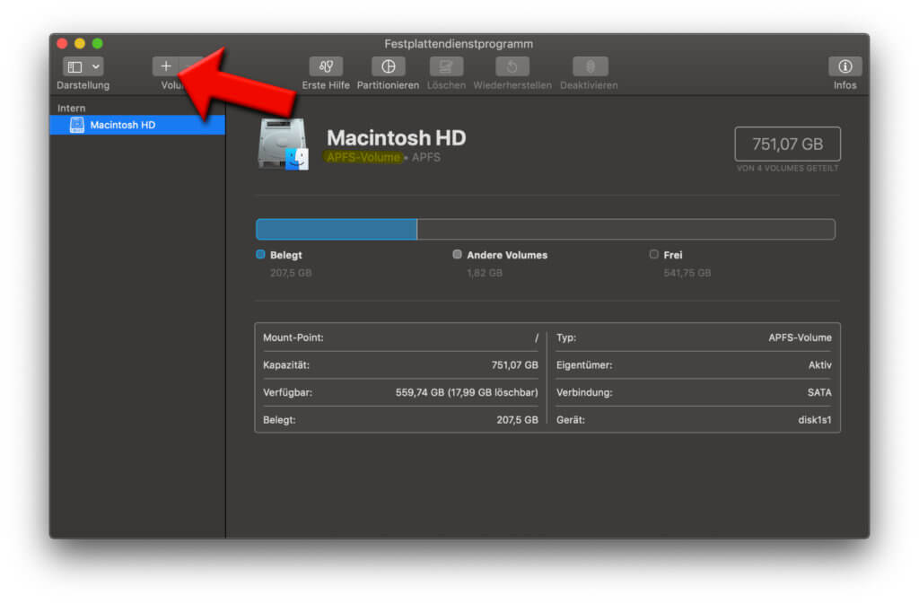 Handelt es sich bei eurer Mac-Festplatte um ein APFS-Volume, dann könnt ihr darauf ein neues virtuell anlegen. 