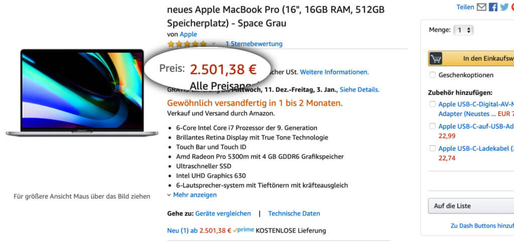 Bei Amazon könnt ihr das neue MacBook Pro 16" mit 16 GB RAM günstiger kaufen. Leider nur mit langer Warte- bzw. Lieferzeit. 