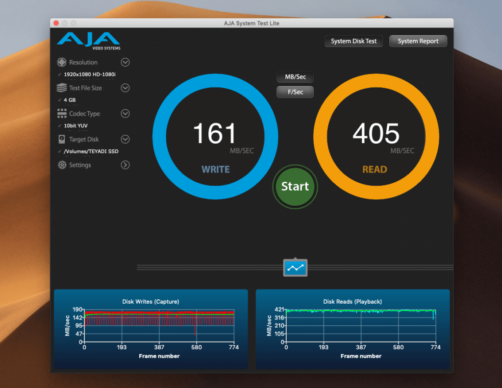 Hier die Datenübertragungsraten (gemessen mit Aja System Test), als die Teyadi SSD über den Hub lief.