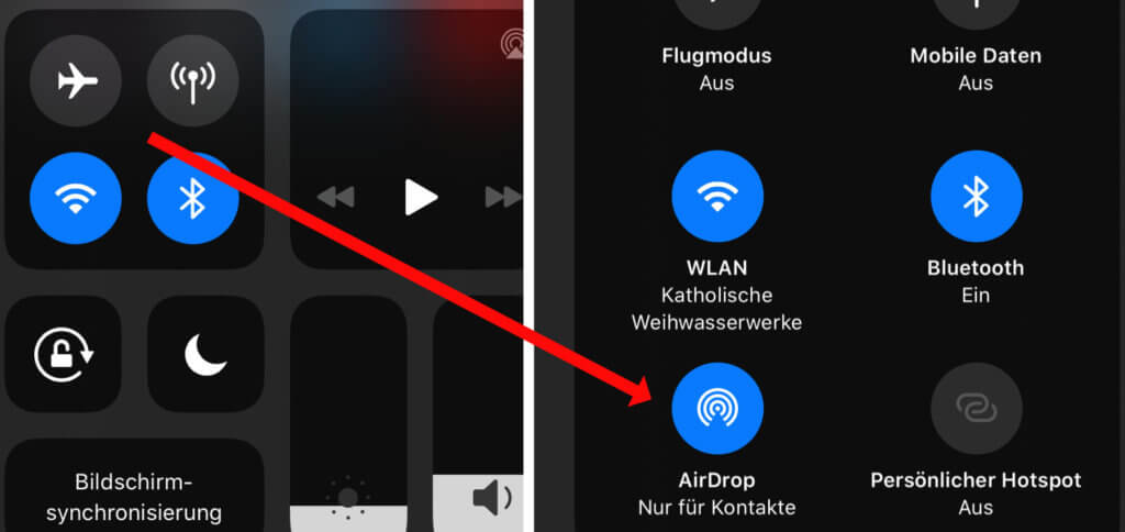 Apple AirDrop am iPhone nutzen geht über das Kontrollzentrum; auch hier müssen im Grunde nur Bluetooth und WLAN an sein.