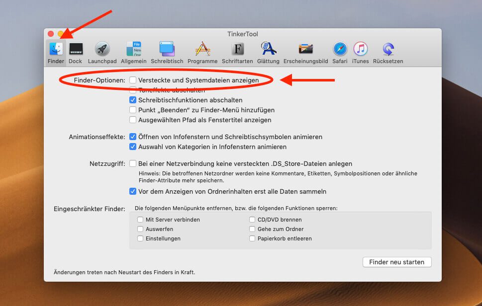 Auch mit dem kostenlosen TinkerTool lassen sich die versteckten Dateien und Ordner am Mac einblenden.