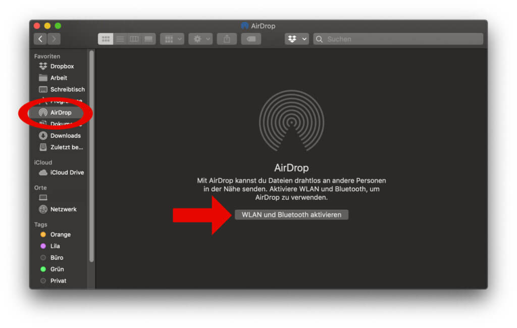 Apple AirDrop am Mac aktivieren geht unter anderem über den Finder. Ihr müsst aber quasi nur WLAN und Bluetooth einschalten ;)