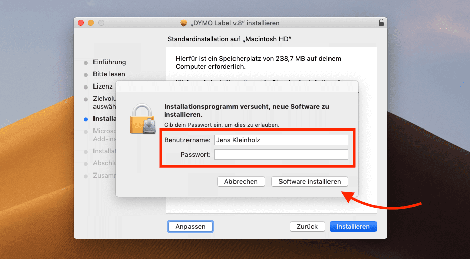 Hat man einen Installer gestartet, der ein Programm in den Programme-Ordner kopieren möchte, wird man nach dem Admin-Passwort gefragt.