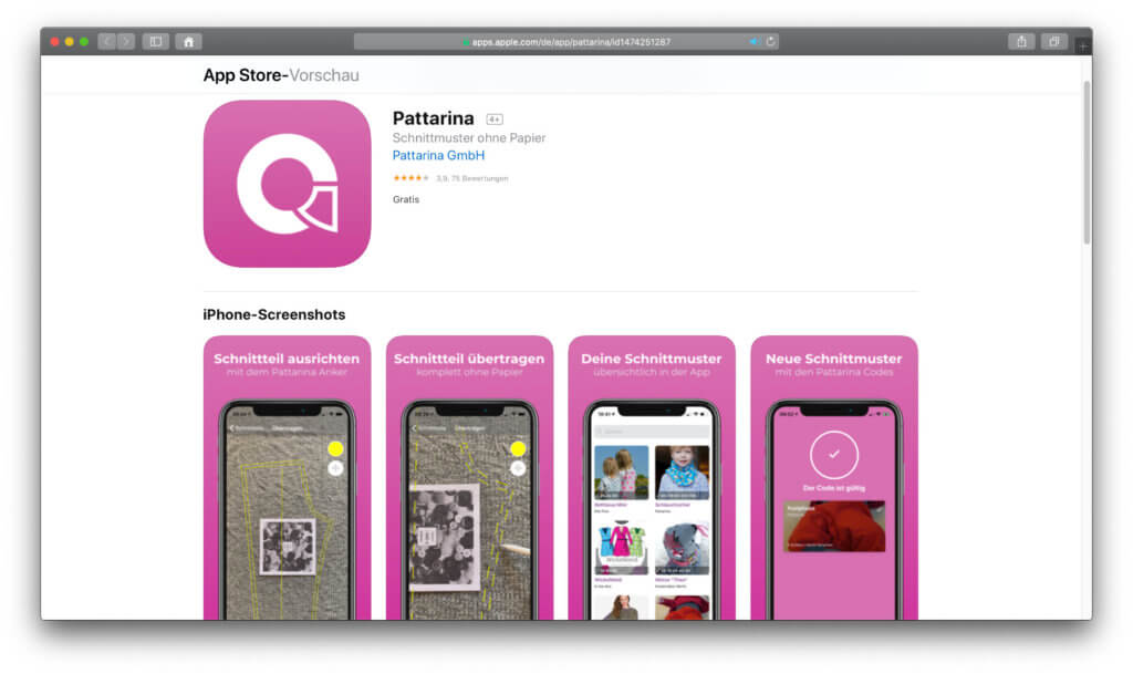 Die Pattarina App hilft, Schnittmuster auf Stoff oder einen Papierbogen zu zeichnen. Mit Augmented Reality erspart ihr euch viele A4-Drucke, den Gang zum Copyshop oder andere Workarounds. Ein bisschen Übung ist sicher nötig.
