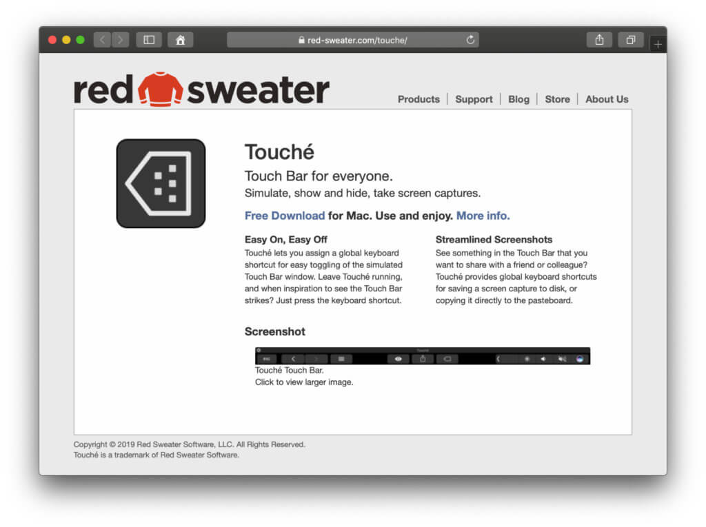 Den Touché Touch-Bar-Emulator für Mac, iMac, MacBook (Air), Mac mini und Co. findet ihr als gratis Download auf der Seite von Red Sweater Software.