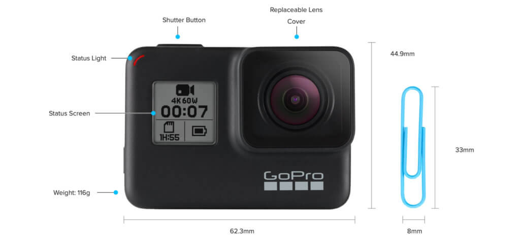 Einige technische Daten der GoPro HERO7 Black. Trotz geringer Maße und kleinem Gewicht sind 4K-Aufnahmen bei HyperSmooth-Bildstabilisation, HDR-Fotos und mehr möglich. Das zeigen auch Test- und Erfahrungsberichte zur Hero 7 Black.