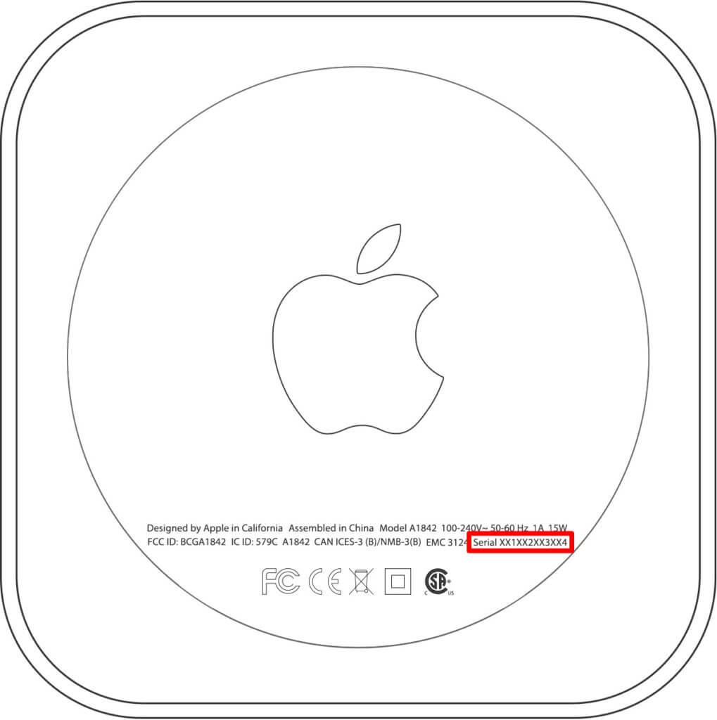 Die Apple TV Seriennummer bzw. Serial Number findet ihr auch auf der Verpackung oder auf der Unterseite des Geräts. Hier eine Beispielgrafik von Apple.