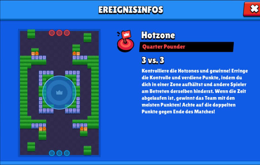 Im Modus Hotzone muss man Zonen in der Mitte der Karte besetzen. Alle paar Sekunden, in denen das Team eine Zone in Besitz hat, erhält man einen Punkt. Wer zum Schluss die meisten Punkte gesammelt hat, gewinnt.