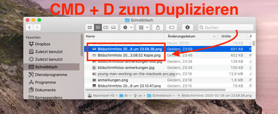 Ein flottes Backup einer Datei erstellt man am Mac mit dem Tastenkürzel CMD + D.