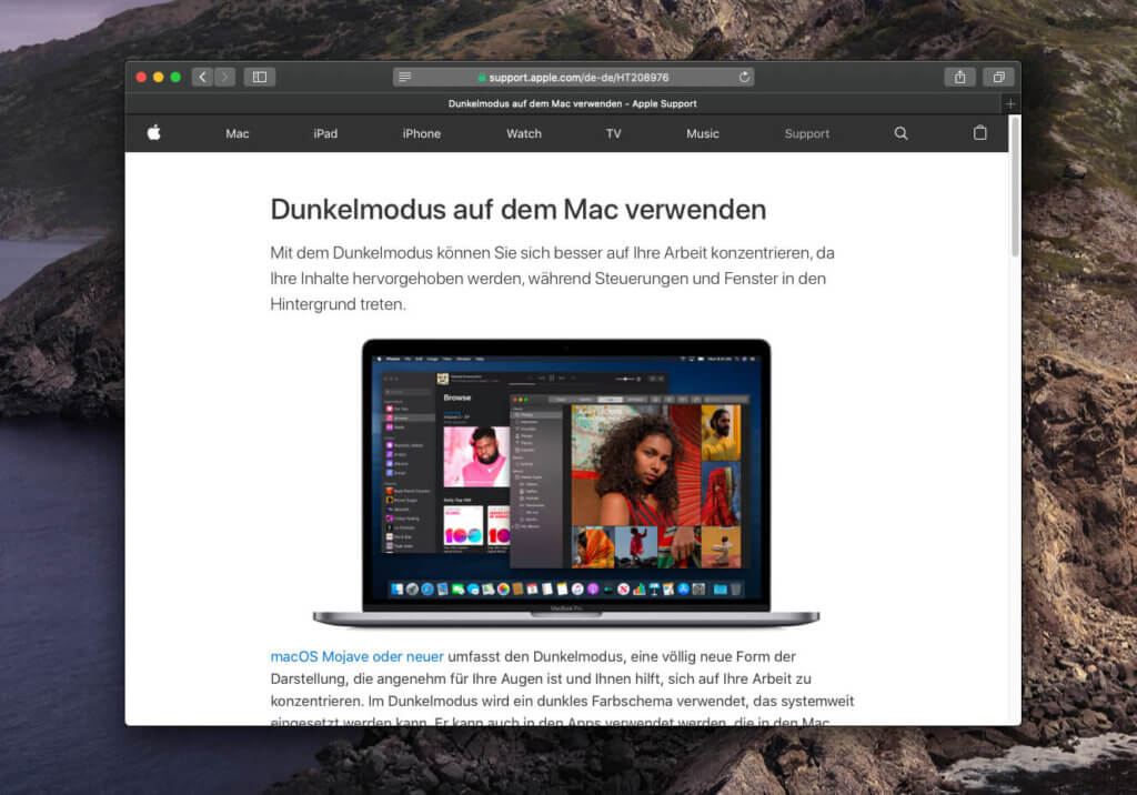 Den Dunkelmodus gibt es seit macOS Mojave am Mac. Apple hat hier einen Support-Eintrag, wie man ihn aktiviert.