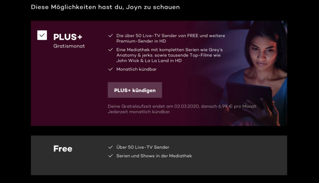 Was kostet Joyn? Wie hoch ist der Joyn Plus+ Preis? Nun, das Basis-Angebot ist gratis; das Abonnement mit allen Leistungen kostet 6,99 Euro pro Monat. Der erste Monat ist kostenlos.