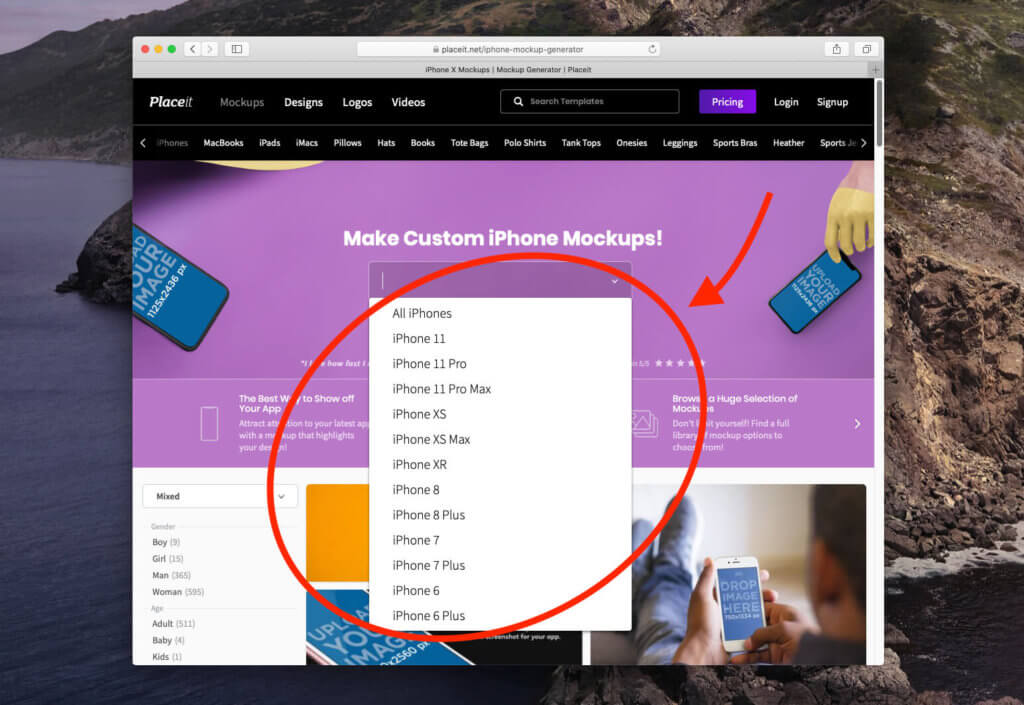 Bei der Auswahl der iPhone-Mockups auf Placeit kann man sogar nach verschiedenen Modellen filtern, um seine App zum Beispiel im aktuellen Flaggschiff von Apple präsentieren zu können.