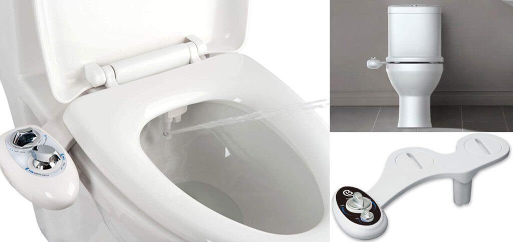 Ein Bidet Aufsatz für die Toilette ist ideal, um die Reinigung ohne Toilettenpapier zu ermöglichen. Produktbilder: Hersteller + Amazon