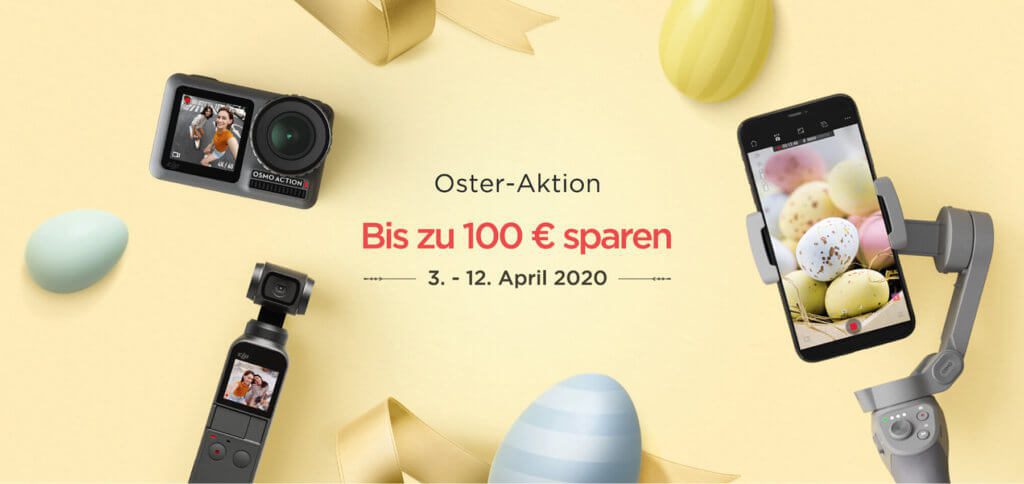 Beim DJI Oster-SALE 2020 könnt ihr bis zu 100 Euro sparen. Im Angebot sind bis zu 12.04.2020 diese Produkte: DJI Osmo Action, DJI Osmo Pocket, DJI Osmo Mobile 3 und DJI RoboMaster S1. 