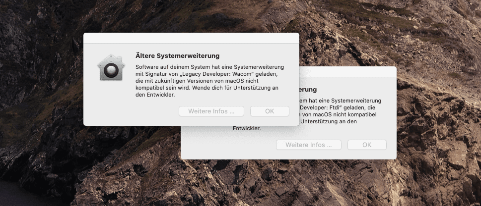 Hinweis-Fenster am Mac: Ältere Systemerweiterung ist nicht mit zukünftigen Versionen von macOS kompatibel.