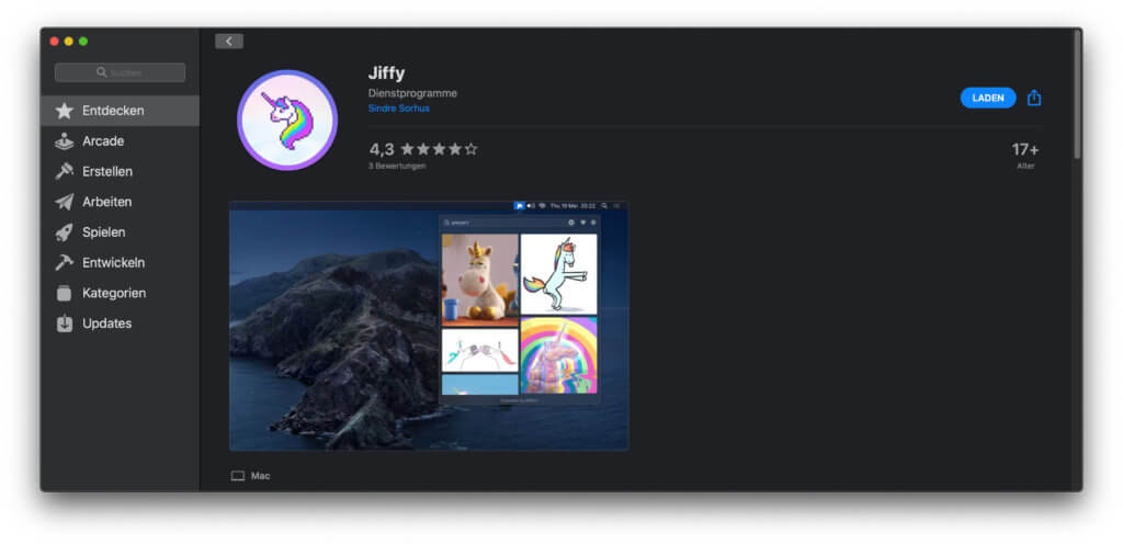 Das Jiffy Mac Tool bekommt ihr im Apple App Store. Mit der Erweiterung für die macOS-Menüleiste könnt ihr GIFs schnell suchen und finden. Das ausgesuchte GIF lässt sich dann per Drag-and-Drop oder URL nutzen sowie lokal speichern.