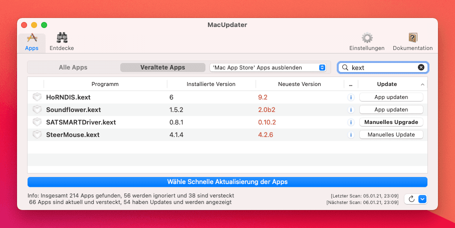 MacUpdater 2 findet nun auch Kernel Extensions, die nicht mehr uptodate sind – aber nur in der Kauf-Version der Software.