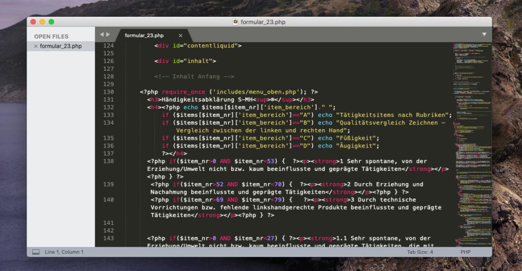 Sublime Text ist im Vergleich zu Dreamweaver wunderbar schnell und auch das Öffnen von 50 oder mehr Dateien legt den Mac keinesfalls lahm – ein Grauen bei Dreamweaver. Dafür gibt es bei Sublime Text keine Vorschau des Codes.
