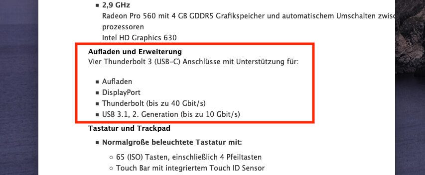 Im Bereich "Aufladen und Erweiterung" ist aufgeführt, welche USB-Spezifikationen der Mac besitzt.