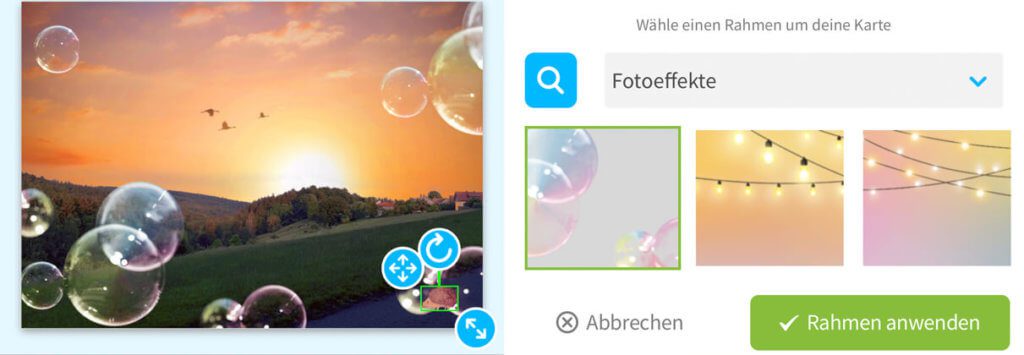 Unter Rahmen > Fotoeffekte gibt es eine schöne Auswahl an Overlays, die sich gut ins Bild integrieren.