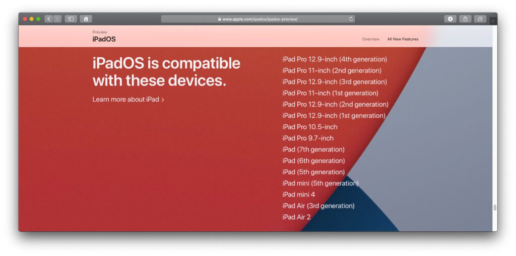 Liste der mit iPadOS 14 kompatiblen iPad-Modelle von Apple. Screenshot von der offiziellen Preview-Seite.