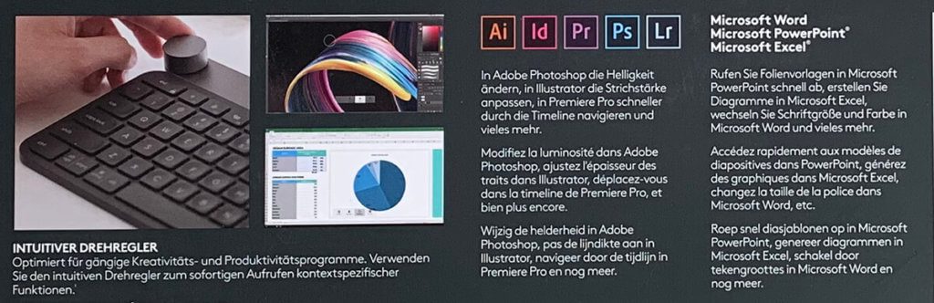 Die Logitec Craft funktioniert nicht nur mit Photoshop, sondern auch mit Illustrator, InDesign, Premiere und Lightroom – und natürlich mit den Microsoft-Programmen Word, Excel und Powerpoint.