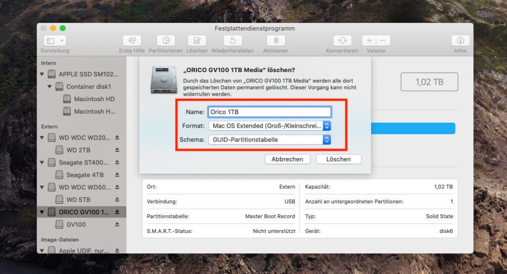 Das Umformatieren der Orico SSD dauert mit dem Festplattendienstprogramm am Mac nur wenige Sekunden.