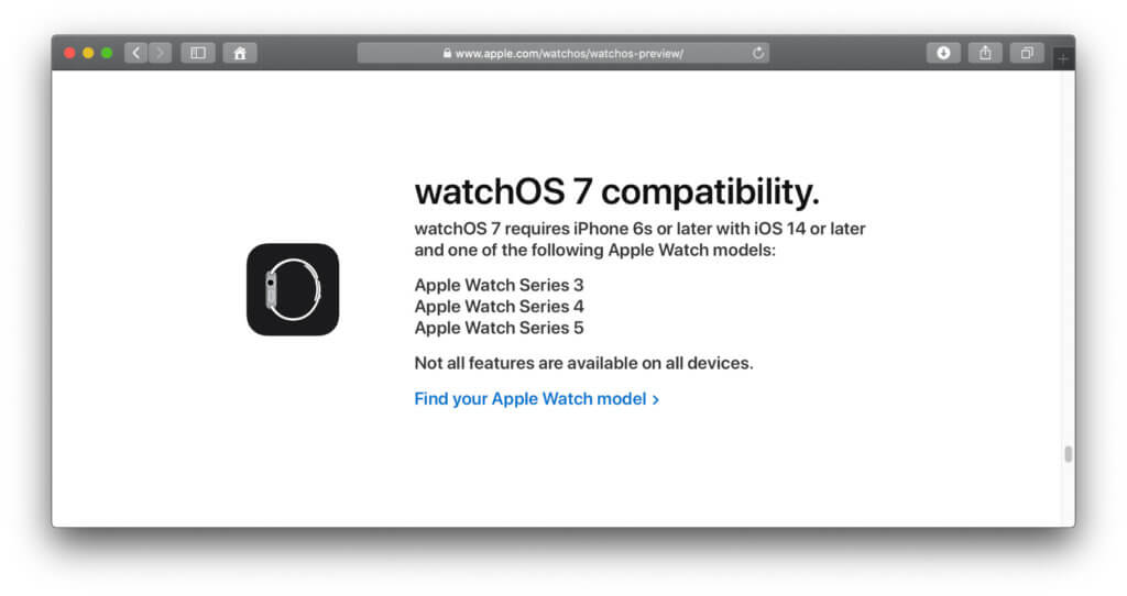 Screenshot von der Apple-Webseite mit der offiziellen watchOS 7 Preview.