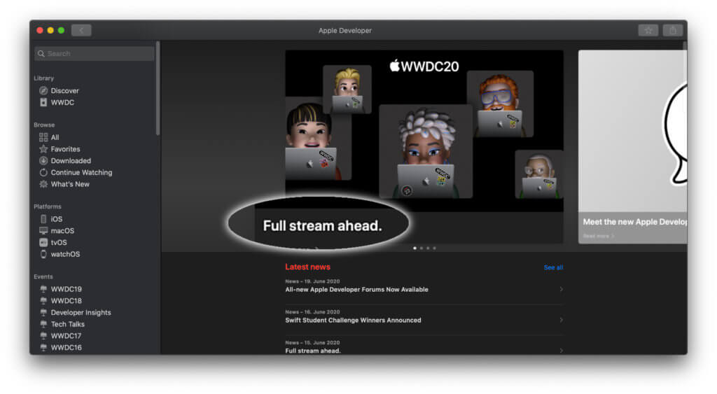 Den Apple WWDC Keynote Stream live anschauen – in der Developer App auf dem Mac wird diese Möglichkeit schon aufgezeigt ;)