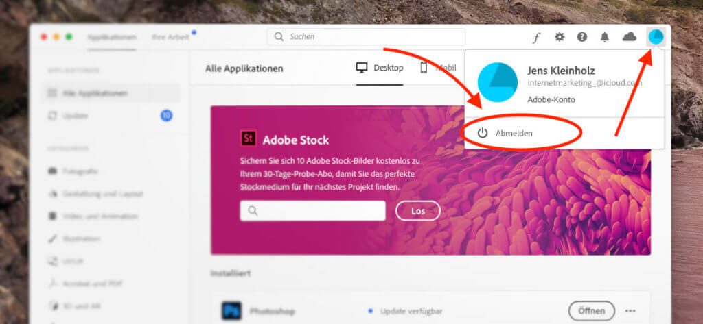 Über den Abmelden-Button in der Creative Cloud App kann man die Adobe-ID wechseln.