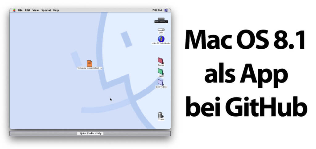Mac OS 8.1 als App für macOS, Windows und Linux: Mit macintosh.js, das ihr kostenlos bei GitHub herunterladen könnt, hat der Programmierer Felix Rieseberg das 1998 Mac-Betriebssystem emuliert.