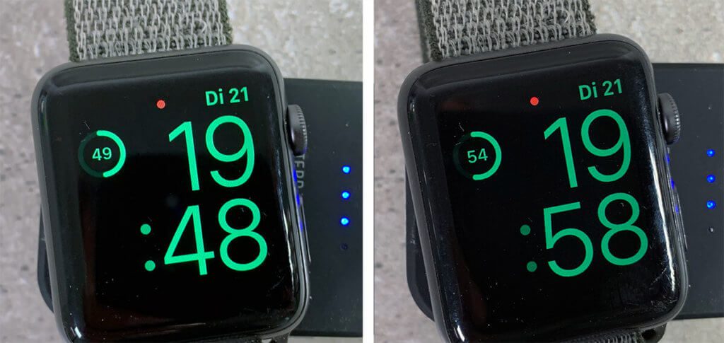Hier sieht man, dass der Terratec Akku in 10 Minuten gut 5% "Ladung" in die Apple Watch befördert hat (Fotos: Sir Apfelot).