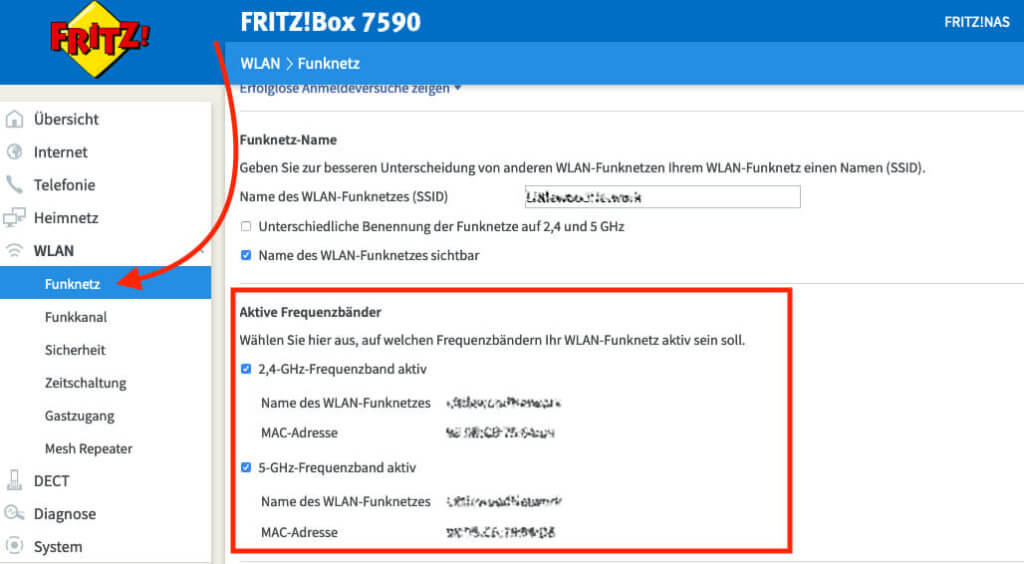 Im Screenshot sieht man, wo in den Fritz!Box Einstellungen die Funknetze einzeln deaktiviert bzw. aktiviert werden können. Vom Hersteller aus, sind erstmal beide Frequenzbänder aktiviert.