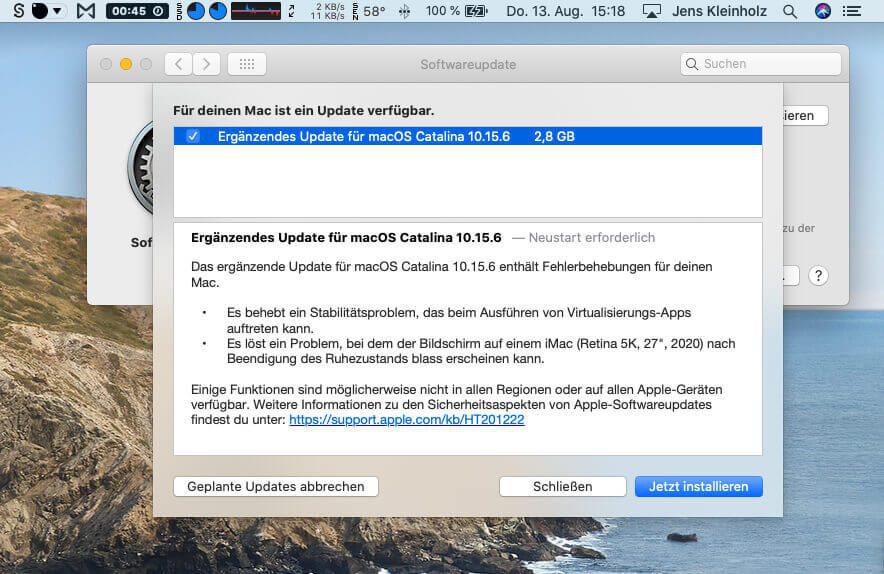 Im Fenster des macOS-Updaters wird man vorab kurz über die Änderungen informiert. Die Details erfährt man über einen Link zur Apple Support Seite.