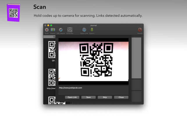 Die Mac-App QR-Journal erlaubt das Scannen von QR-Codes mit der Webcam oder der iSight-Kamera am Mac.