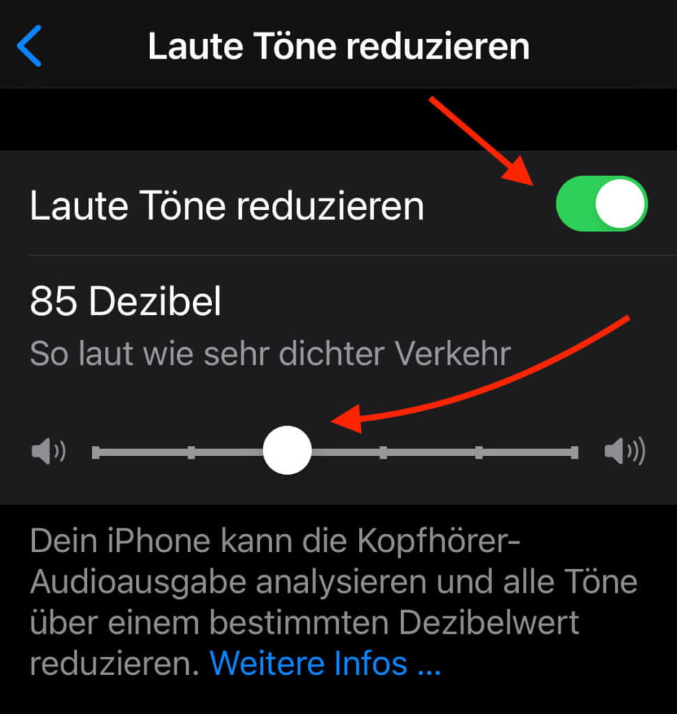 Mit der Funktion "Laute Töne reduzieren" kann das iPhone während der Wiedergabe die Lautstärke anpassen, um einen bestimmten Lautstärkepegel nicht zu überschreiten.